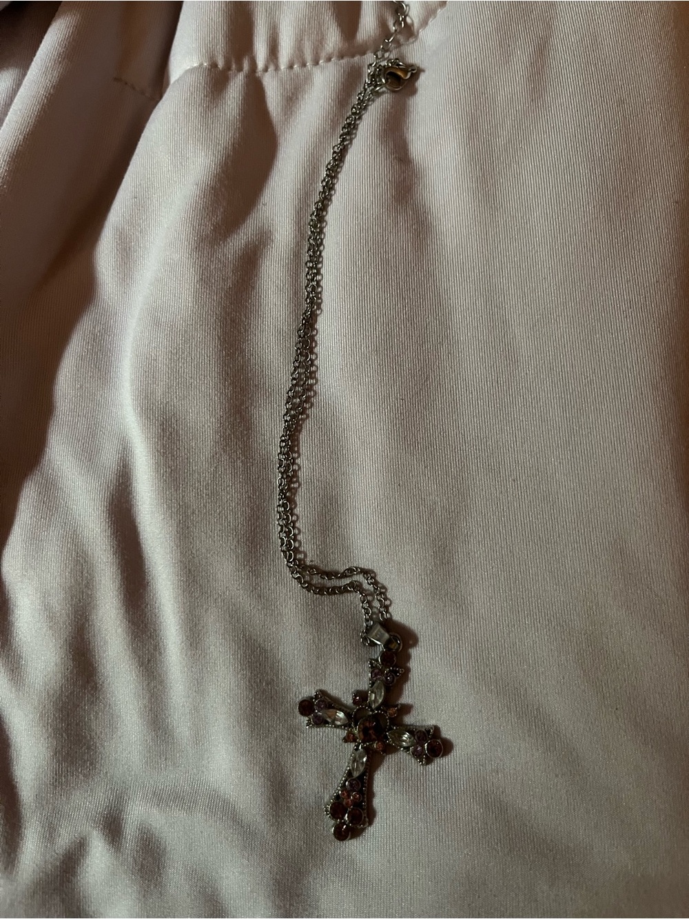 Silver Cross Necklace with Pink Gem Accents